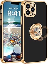 Fingic for iPhone 13 Pro Max Case,for iPhone 13 Pro Max Case with Ring Stand Holder,360°Rotatable Magnetic Stand Shiny Plating Gold Edge Slim Soft TPU Shockproof Protective Case for Women Men,Black