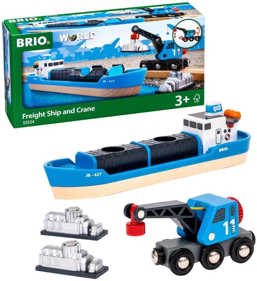 BRIO World - 33534 Container Ship and Crane Wagon | Premium 4-Piece Kids Train Set Toy | Enhances Motor Skills & Creativity | Compatible with All Toys | Ideal for Toddlers Age 3+