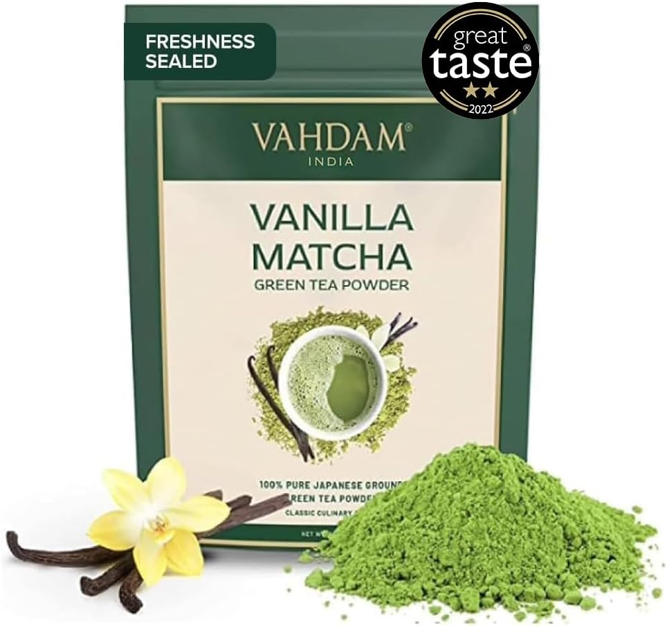 VAHDAM, Vanilla + Matcha Green Tea Powder (25g,12 Servings) SUPERFOODS Blend - Japanese Matcha Powder with 100% Natural Vanilla | Brew Delicious Vanilla Matcha Latte, Packaging may vary