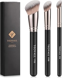 TEOYALL Foundation Contour Conceal Brush Set, 3PCS Angled Synthetic Kabuki Brush for Blending Setting Buffing with Liquid, Cream and Powder Cosmetic (170S/270S/370S)