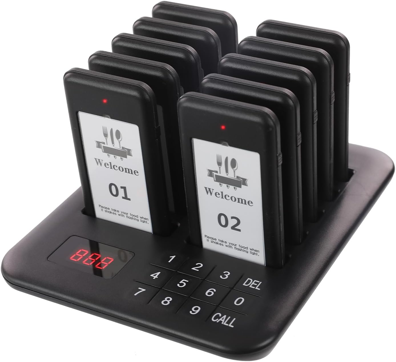 LOUKIENE Restaurant Pager System, 10 Wireless Pagers, Touch Keyboard Calling Customers Waiting Beepers with Vibration Flash and Buzzer for Queue in Food Trucks Churches Bar Shop Hotels Eatery (Black)