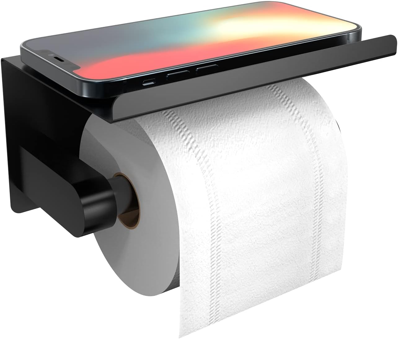 Self Adhesive Toilet Paper Holder with Phone Shelf, Wall Mounted Toilet Paper Roll Holder, Rustproof Bathroom Washroom Tissue Roll Holder with Shelf, Toilet Paper Roll Dispenser- Matte Black