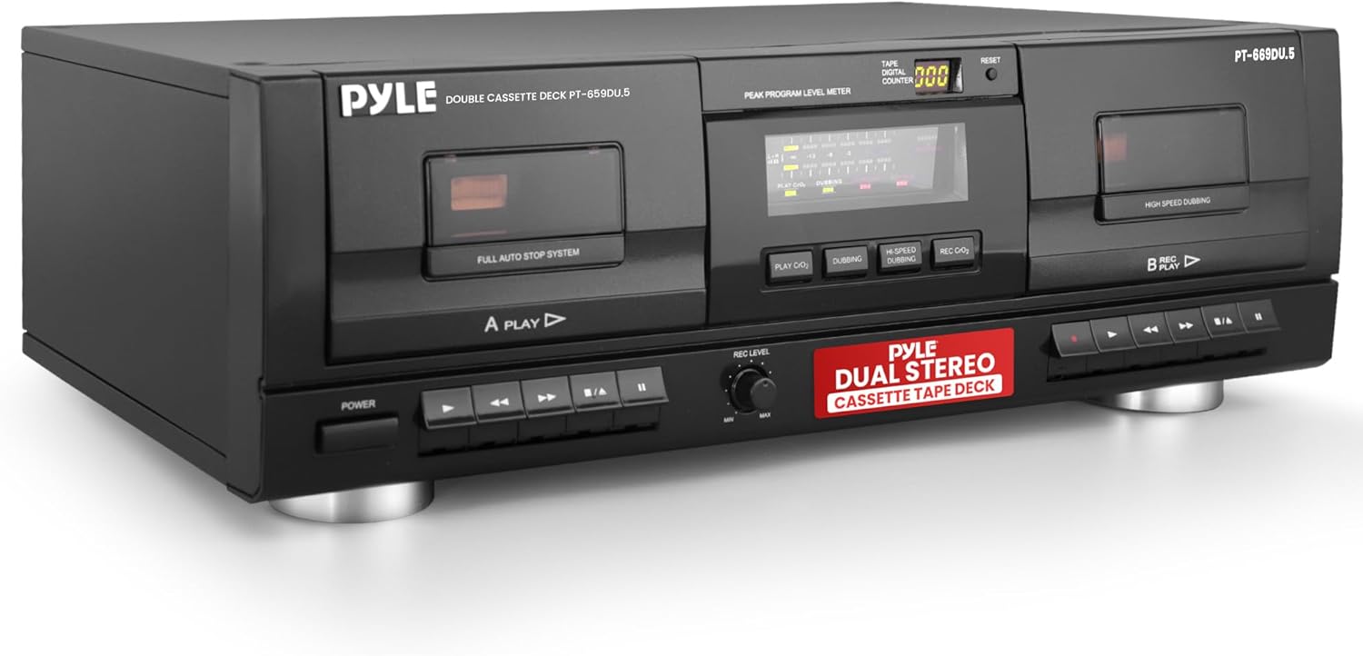 Pyle Dual Stereo Cassette Tape Deck - Clear Audio Double Player Recorder System w/ MP3 Music Converter, RCA for Recording, Dubbing, USB, Retro Design - For Standard / CrO2 Tapes, Home Use - PT659DU
