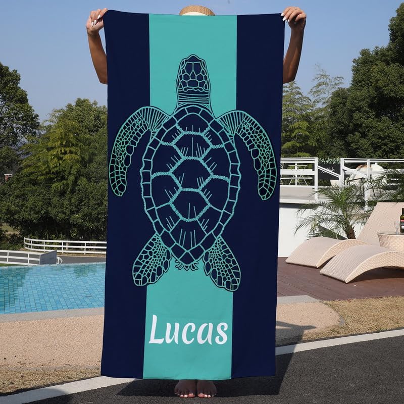 Personalized Beach Towels for Kids Adults Custom Cotton/Poly Blend Pool Towel with Name Oversized-Customized Sand Free Quick Dry Navy Turtle Beach Towel for Boys Girls Women Men(32" W x 64" L)