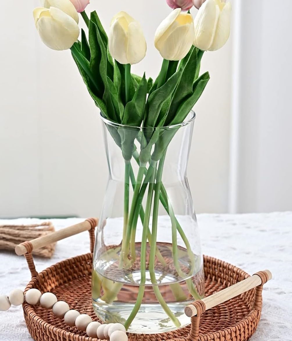 Vzmiza Clear Glass Vase, Premium Quality for Flower with Non-Slip Pad, White Transparent Color Rustic Home Decor, Decorative Modern Farmhouse, Ideal Shelf, Mantle, Table & Entryway Decor, Transparent