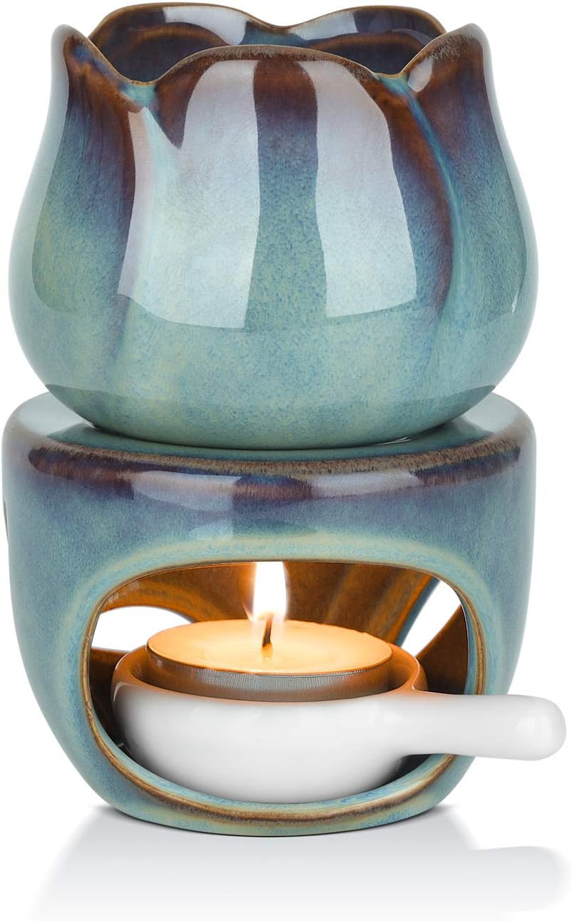 ComSaf Wax Melt Essential Oil Burner with Tealight Spoon, Removable Aromatherapy Burner Blue Ceramic Aroma Oil Candle Diffuser Wax Tart Warmer for Home Bedroom Decor Christmas Housewarming Gift