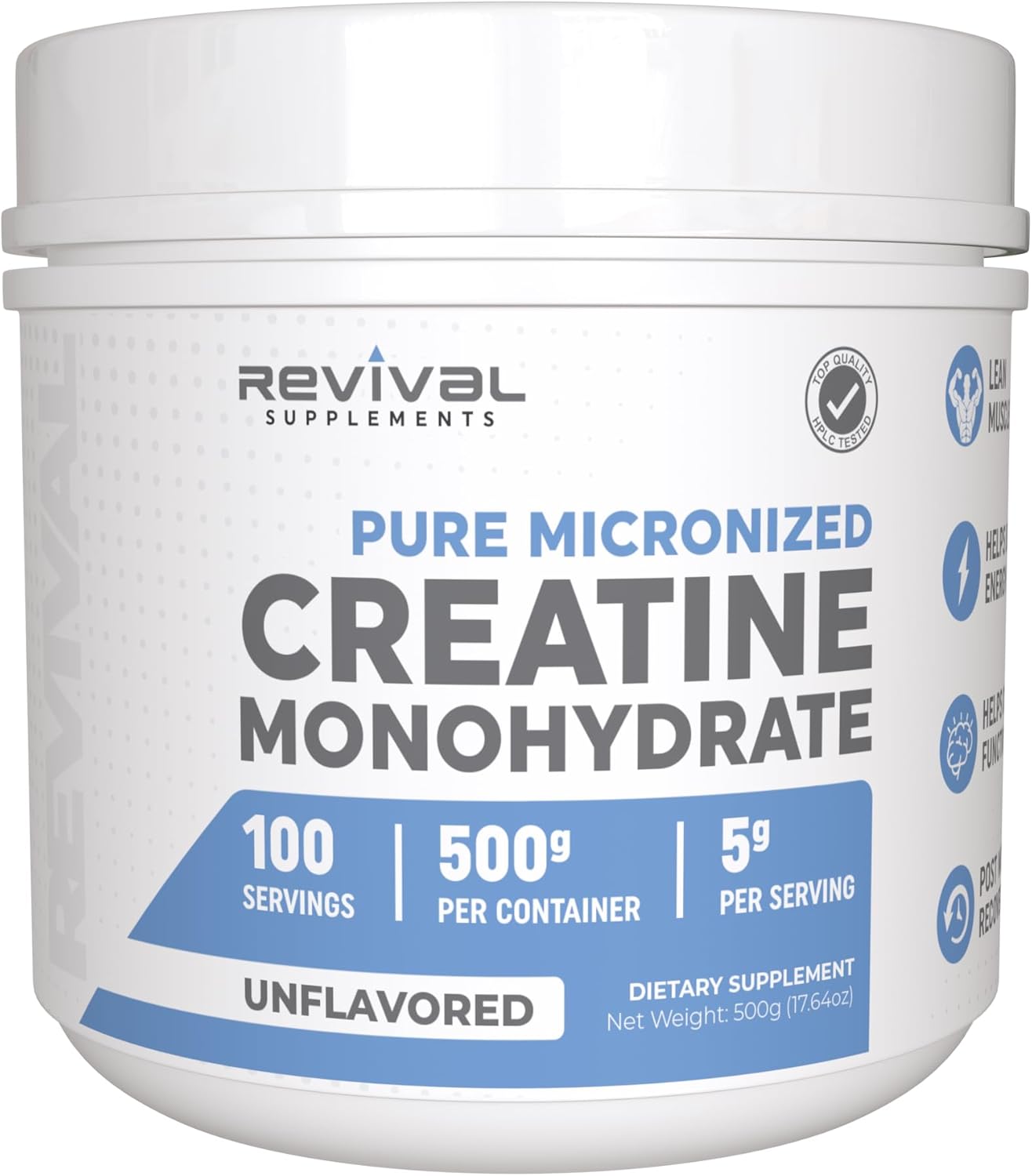 Revival Premium Micronized Creatine Monohydrate - HPLC Tested 100% Pure Grade - 500g (100 Servings) - Supports Lean Muscle Growth - Maximum Absorption - Unflavored - Made in USA & 3rd Party Lab Tested