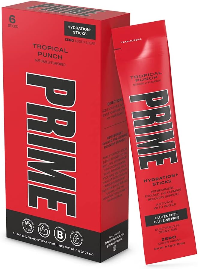 PRIME HYDRATION+ Sticks TROPICAL PUNCH | Hydration Powder Single Serve Sticks | Electrolyte Powder On The Go | Low Sugar | Caffeine-Free | Vegan | 6 Sticks