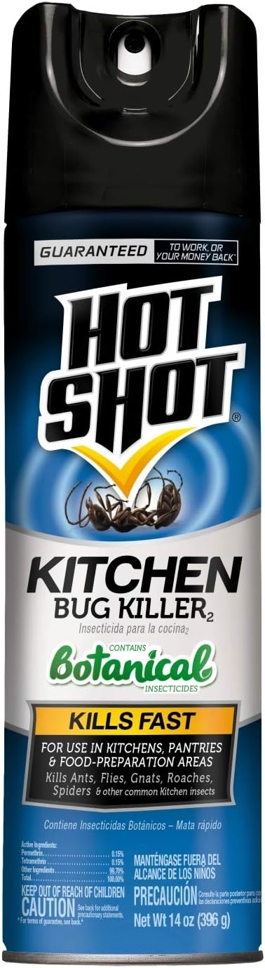Hot Shot Kitchen Bug Killer Spray, Controls Ants, Flies, Roaches, Spiders and More, Indoor Bug Killer, Botanical Insecticides, 14 Ounce