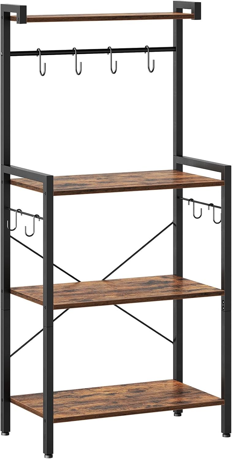 HOOBRO Bakers Rack for Kitchen with Storage, 4 Tier Microwave Stand, Multifunctional Baker's Rack with 8 Hooks, Wooden Kitchen Storage Shelf, Stable Metal Frame, Easy Assembly, Rustic Brown BF04HB01