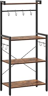 HOOBRO Bakers Rack for Kitchen with Storage, 4 Tier Microwave Stand, Multifunctional Baker's Rack with 8 Hooks, Wooden Kitchen Storage Shelf, Stable Metal Frame, Easy Assembly, Rustic Brown BF04HB01