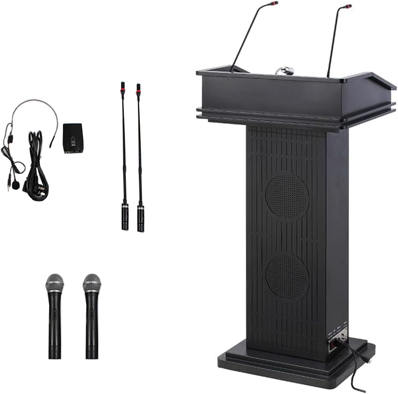 Yadlan Metal Podium with Mic, Podium Stand For Classroom with Light, Lecterns & Podiums Modern with 2 Fixed Microphone, 2 Wireless Microphone and Desk Lamp for Classroom, Conference, Office