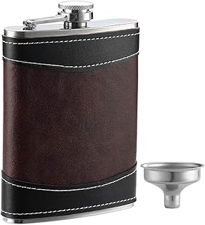 Premium 1 Pack 8 Oz Hip Flask for Liquor Soft Touch Leather Wrap with Funnel,18/8 Stainless Steel Highest Food Grade Leak Proof Classic Flask