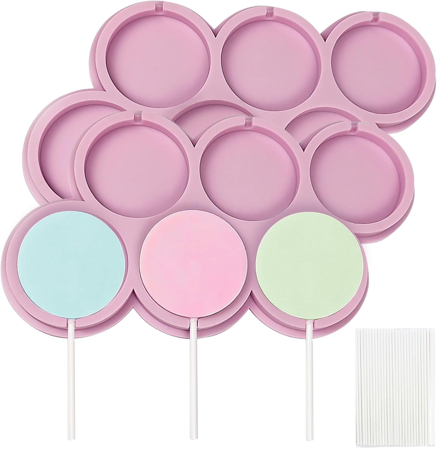 BFJ Silicone Lollipop Moulds 2 pcs Chocolate Lolly Mould 5cm Plain Round Sucker Candy Molds 8 Cavity with 25 Lollipop Sticks