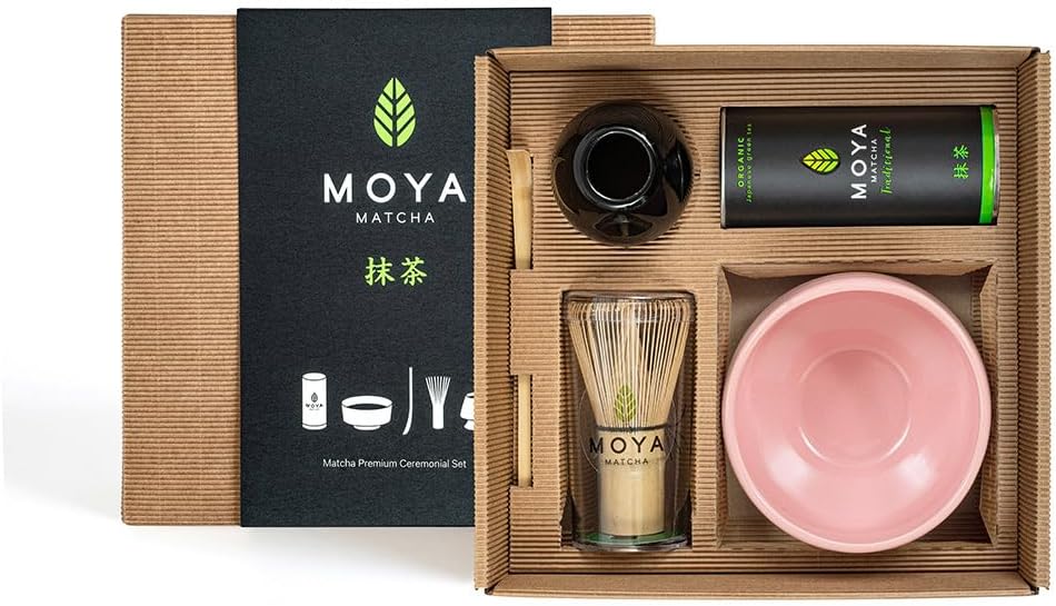 Moya Matcha Organic Green Tea Set, Traditional Grade, 30g Powder, Complete Preparation Kit with Rose Bowl, Bamboo Whisk, Holder and Spoon