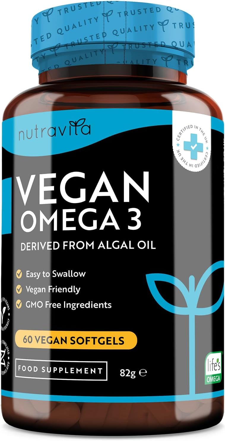 Vegan High Strength Omega 3 2000mg Soft Gels - 600mg DHA & 300mg EPA per Serving - Plant-Based Omega 3 Softgels Derived from Sustainable Algal Oil - 60 Vegan Softgels - Made in The UK by Nutravita