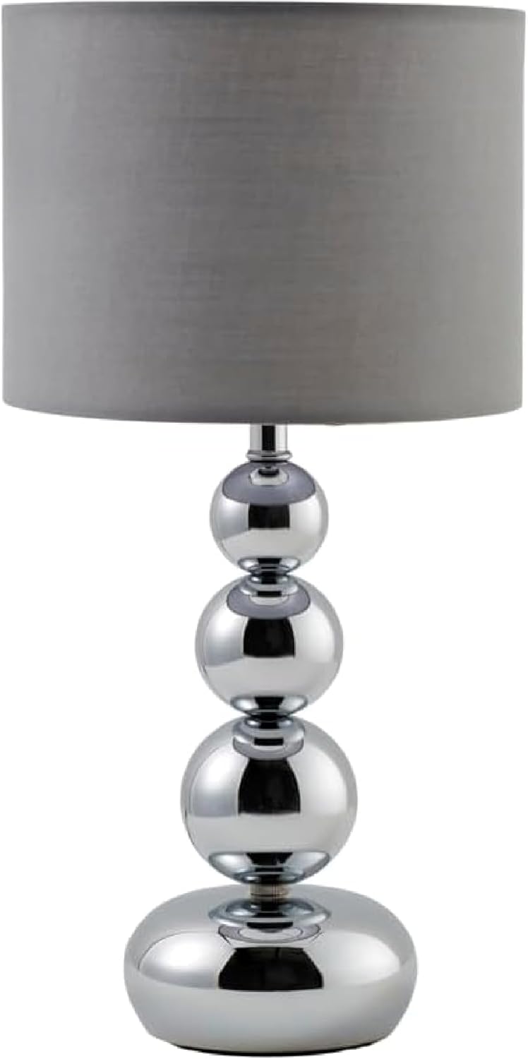 MiniSun | Modern Polished Chrome Stacked Ball Table Lamp with a Grey Faux Silk Shade | Table Lamps, Home Décor & Improvement Essential