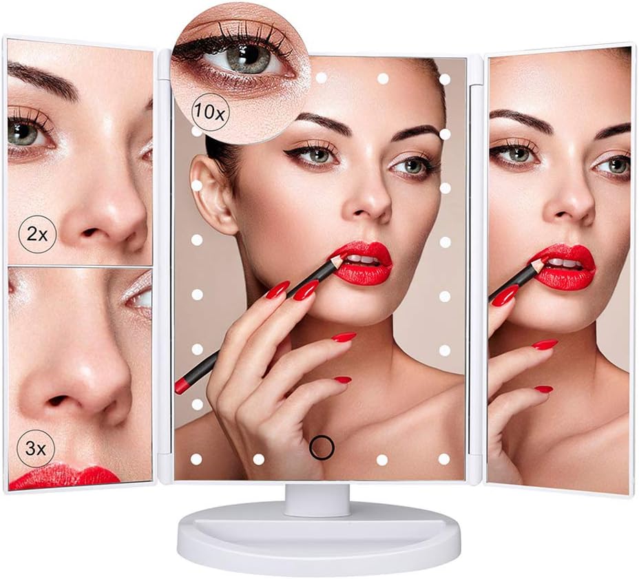 PUVLISZ Vanity Cosmetic/Makeup Mirror with 22 LED Lights, Touch Screen, Magnification Tri-Fold 2X 3X Magnifying, 180° Free Rotation, Dual Power Supply White
