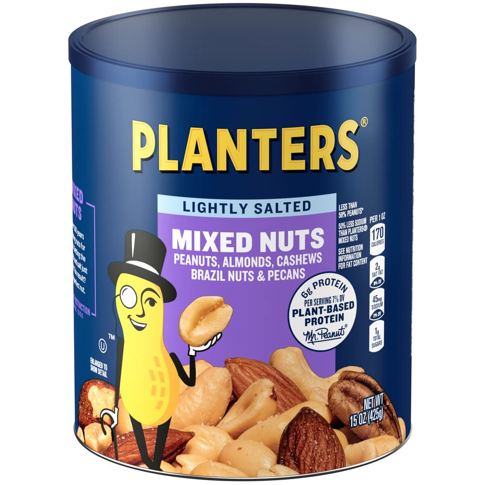 PLANTERS Lightly Salted Mix Nuts, Party Snacks, Plant-Based Protein, 15 Oz Canister
