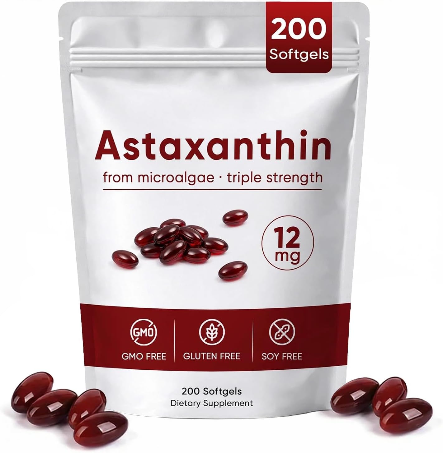 ROVINA Astaxanthin 12 mg 200 Softgels, Natural Astaxanthin | Non-GMO, Gluten-Free, Soy Free | Daily Eye, Skin Support