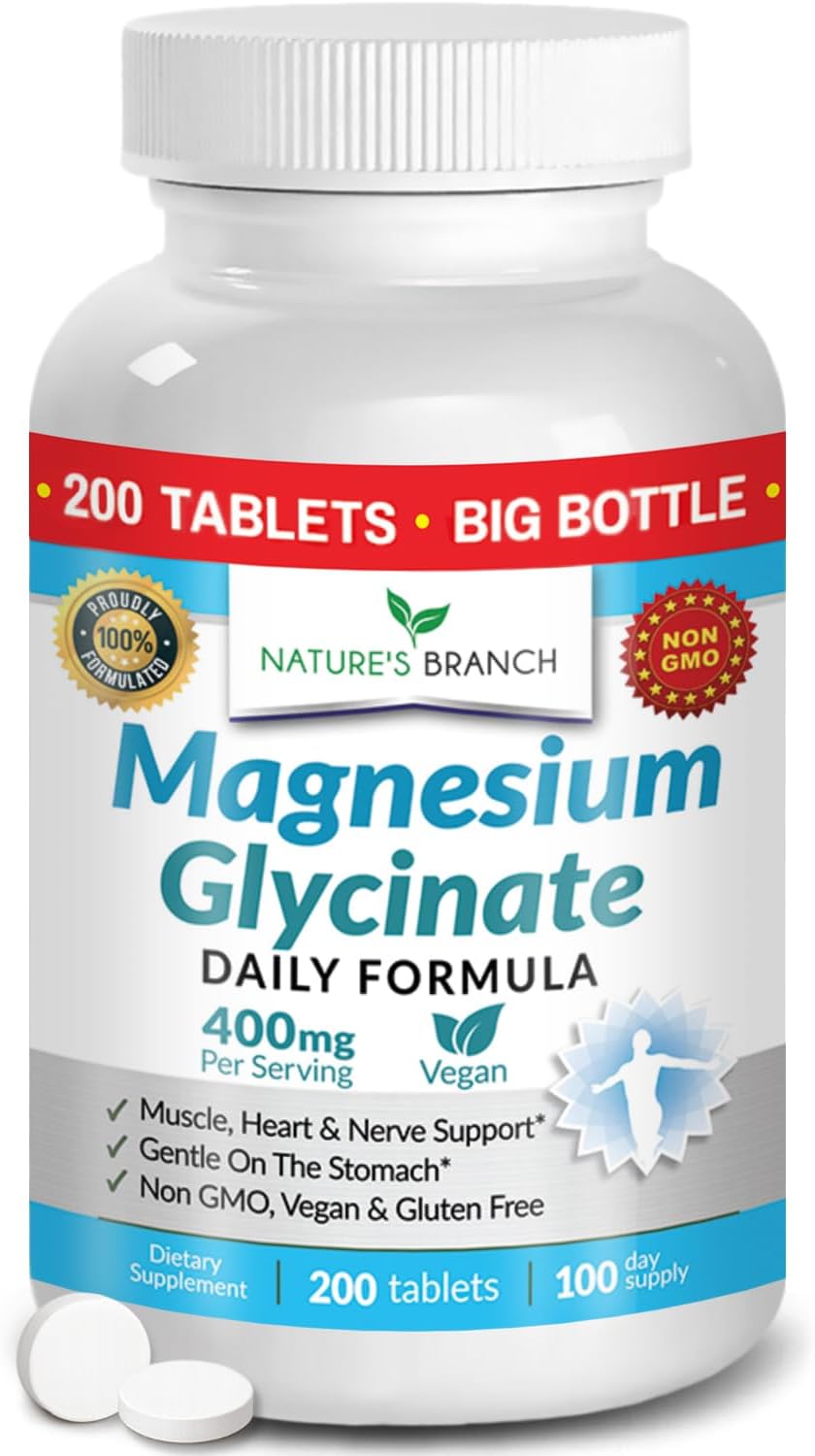 Magnesium Glycinate 400mg | 200 Tablets | High Absorption Mag Supplements for Sleep, Leg Cramps, Heart, Muscle, Calm | Non Buffered Bisglycinate, Extra Strength for Women and Men, Tablets Not Capsules