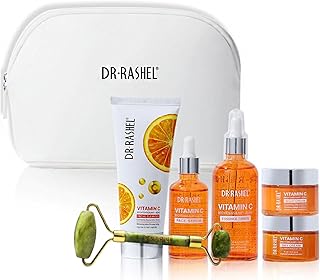 Vitamin C Skin Care Gift Set ( 5pcs ) , Including Face Serum , Day & Night Cream , Cleanser & Toner + 1 Pcs Green Jade Roller & Makeup Pouch