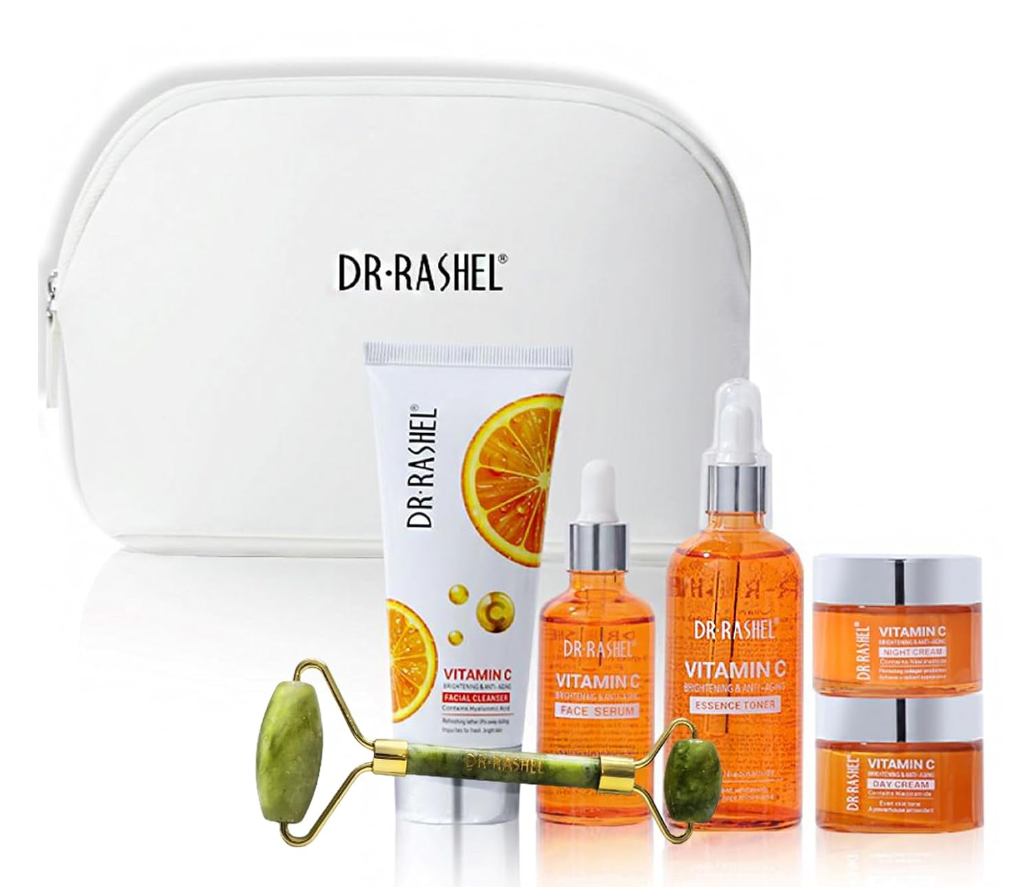 Vitamin C Skin Care Gift Set ( 5pcs ) , Including Face Serum , Day & Night Cream , Cleanser & Toner + 1 Pcs Green Jade Roller & Makeup Pouch