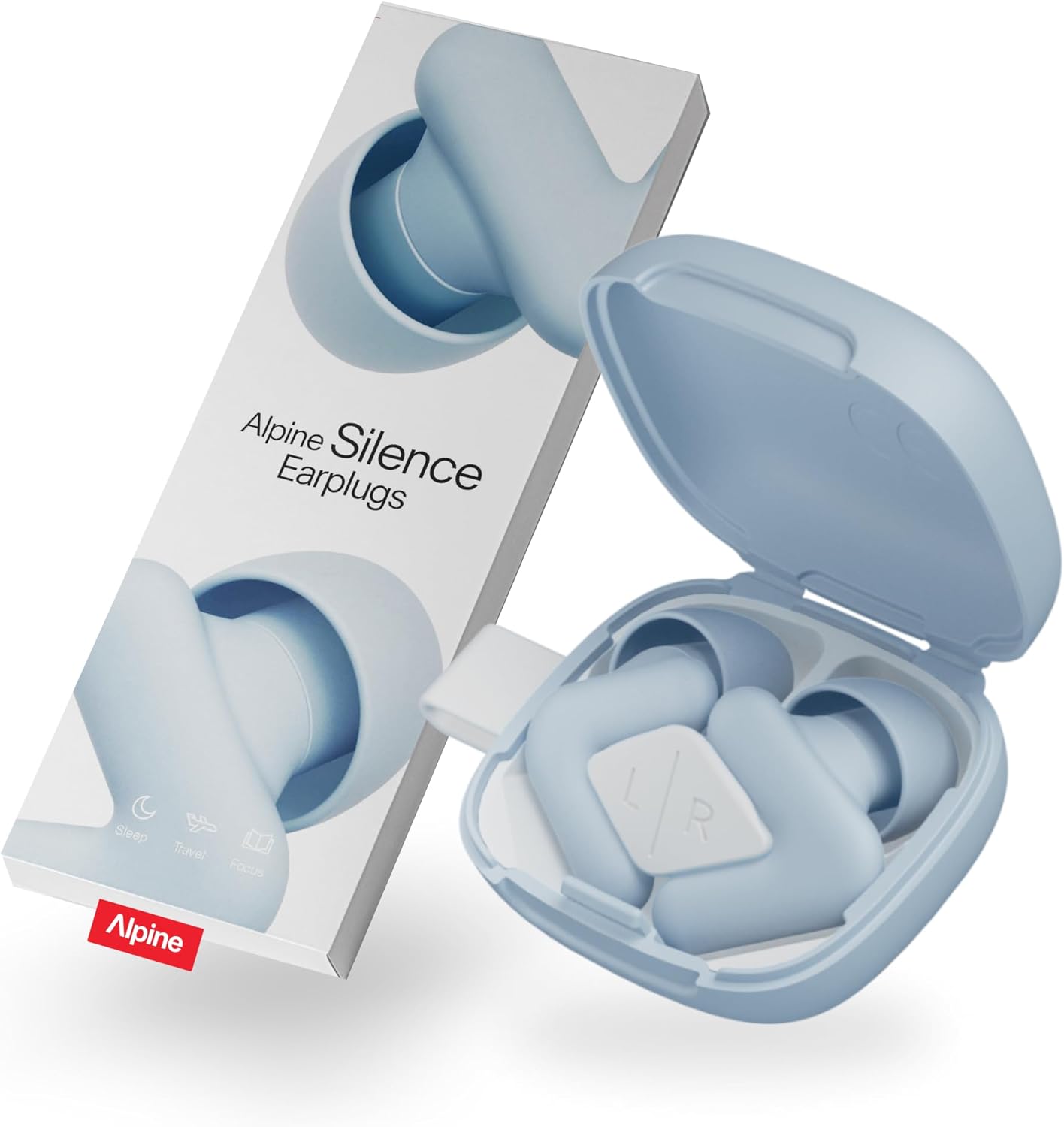 Alpine Silence Ear Plugs for Sleep, Focus & Travel - Comfortable, Travel Essential, Noise Cancelling, V-Shape Snug Fit & Soft Oval Tips, 4 Sizes XS/S/M/L, Reusable - Blue