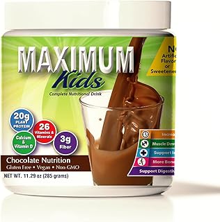 Maximum Kids Complete Organic Powder Mix. Great Tasting, Easy to use, Complete Nutritional Drink with 26 Vitamins and Minerals, 20g of Plant Protein, 3g of Fiber. Kid Tested. Parents Approved.