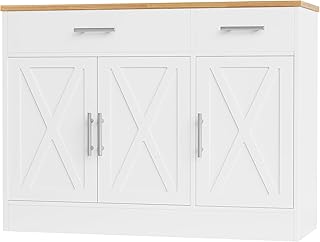 Shintenchi Modern Farmhouse Sideboard Buffet Cabinet with Storage with 3 Doors,42" Barn Doors Buffet Cabinet with Storage, Wood Coffee Bar Cabinet with Adjustable Shelf for Kitchen Living Room,White