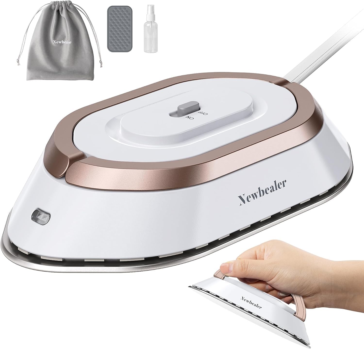 Newbealer Travel Iron with Dual Voltage - 120V/220V Mini Dry Iron for Clothes (No Steam), Non-Stick Ceramic Soleplate, 302℉ Heat Press Machine for Quilting & Sewing, 0.95lbs Lightly (Gold)