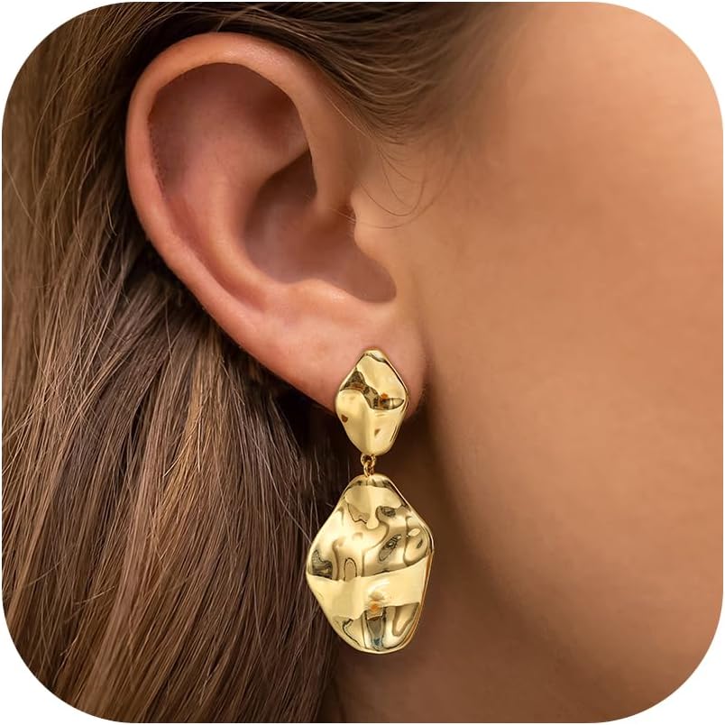 Chriscoco 925 Sterling Silver Earrings for Women 14K Gold Plated Earrings Dangle Drop Earrings Gold/Silver Statement Earrings Hypoallergenic Earrings Lightweight Hammered Gold Earrings for Women