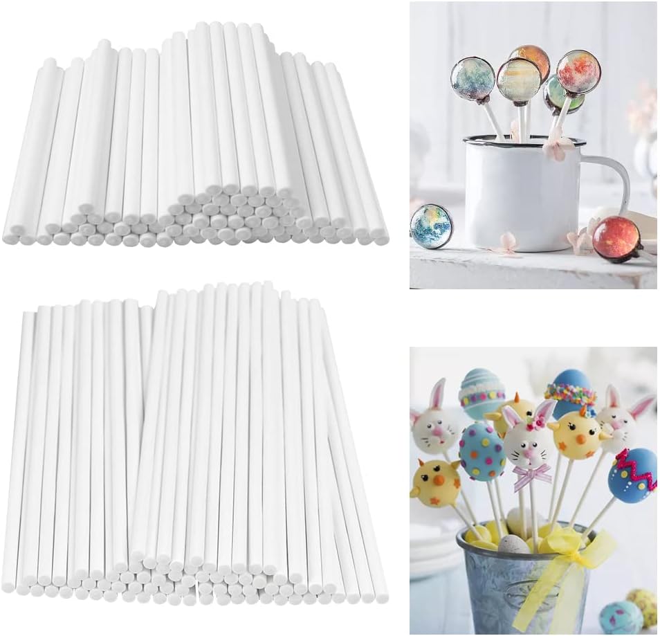 KBNIAN 200 PCS Cake Pop Sticks, 4 inch & 6 inch Food Grade Paper Lollipop Sticks White Cake Pop Sticks Sucker Stick for Cakepop, Lollipop, Hard Candy, Suckers, Chocolate(3.5mm)