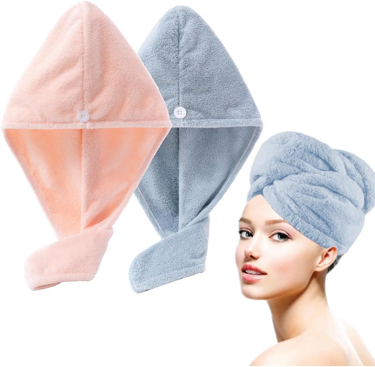 Lumimi Bath Pre Dry Hair Towel 2 Pack Quick Dry Hair Super Absorbent Lightweight Turban with Button Hair Drying Wrap Shower Wellness, Pink Blue