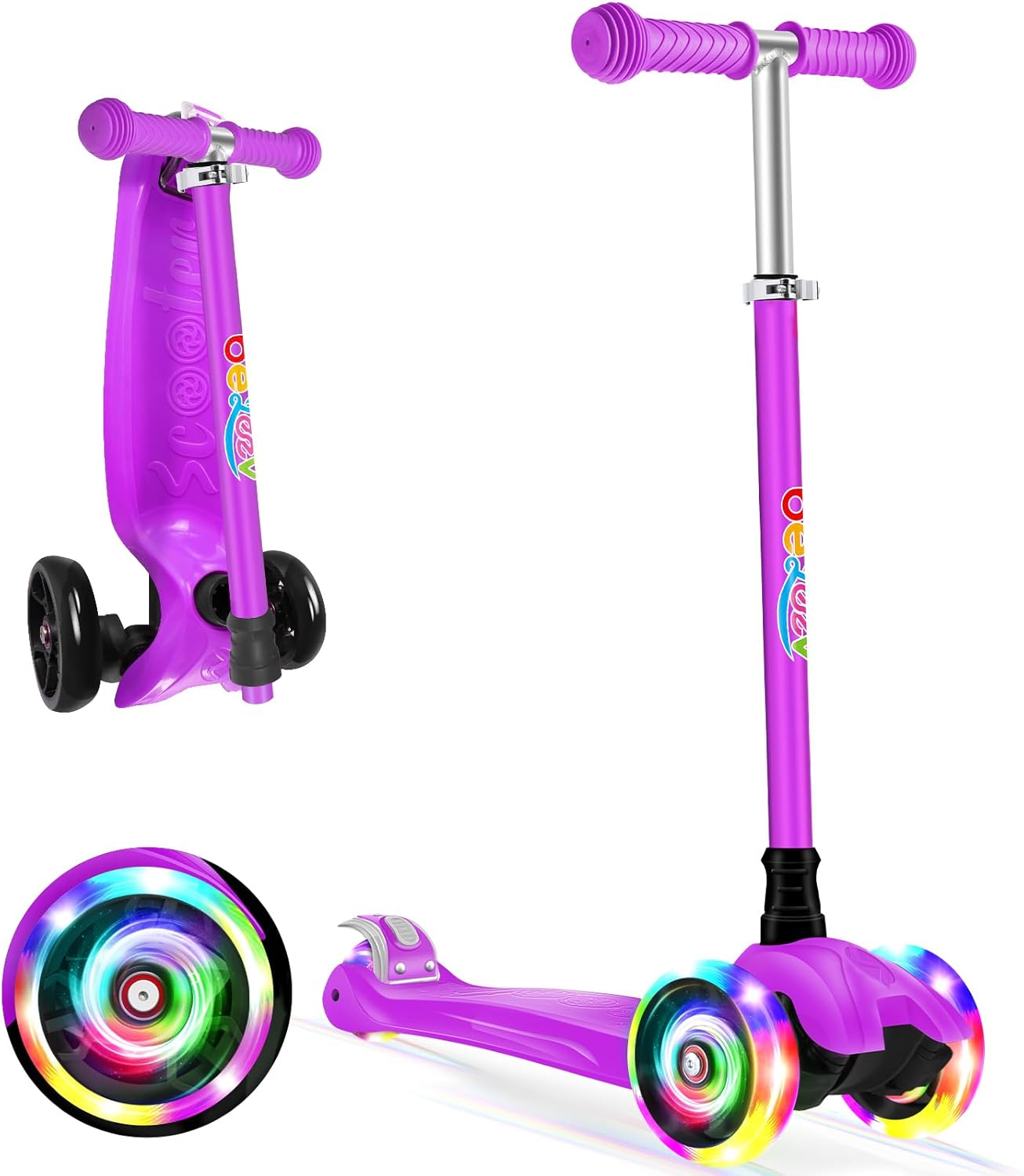 BELEEV Deluxe 3-Wheel Scooter for Kids Age 3-12, Adjustable Height, Lean to Steer, Light Up Wheels, Extra-Wide Deck