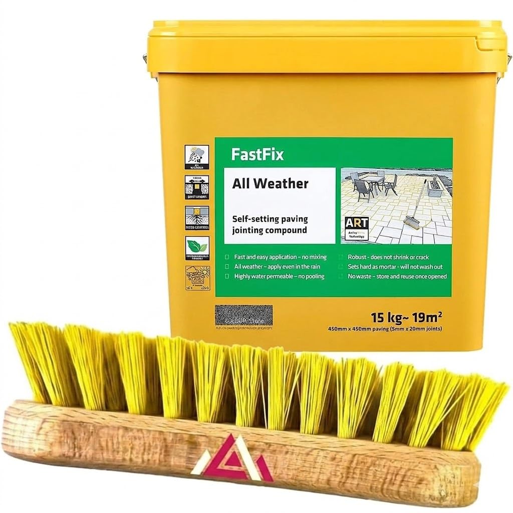 Fast Fix All Weather | Ready to Use, Self-Setting Paving Jointing Compound for Any Weather, Suitable for Stones Setts, Paving Block and Footpaths With Scrub Brush 15kg - 19 sq.m (Stone)