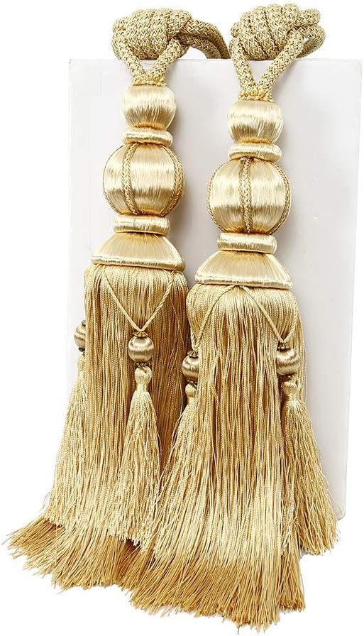 1 Pair Curtain Tie backs, Tassel Holdbacks Rope for Large and Heavy Curtain Drape, Gold
