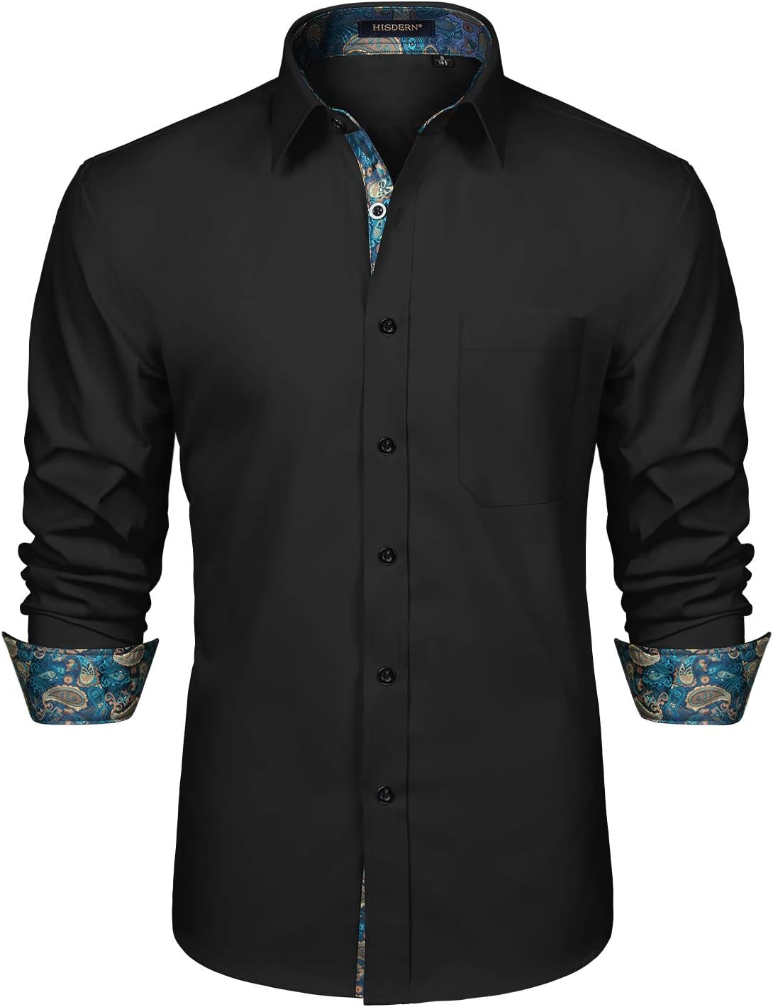 HISDERN Men's Inner Contrast Shirt Casual Formal Classic Button Down Dress Shirts Long Sleeve Plaid Collar Regular Fit