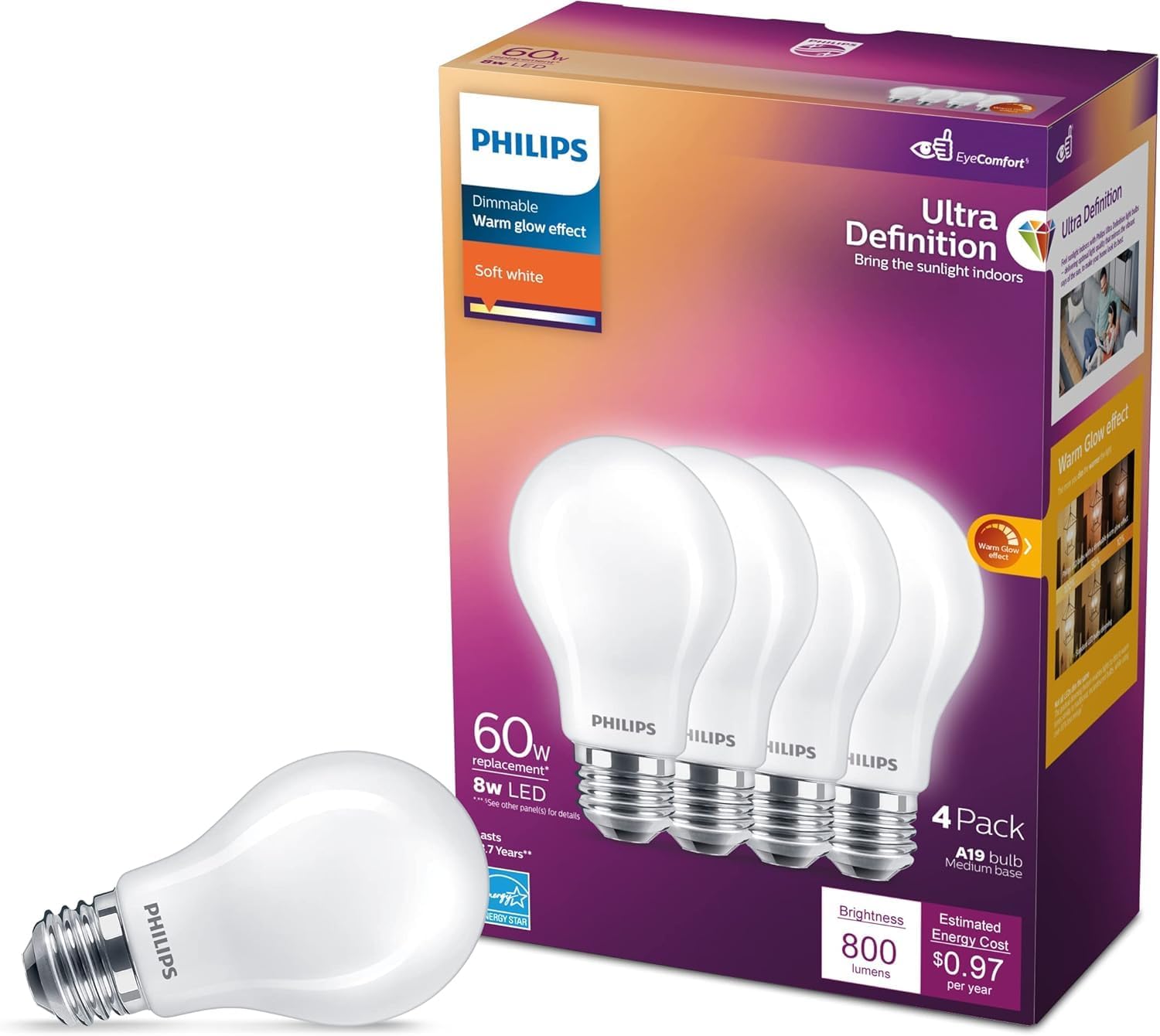 Philips LED 60W A19 4-Pack Ultra Definition Soft White (2200K) 800 Lumen (8W=60W) Dimmable Flicker Free Light Bulbs