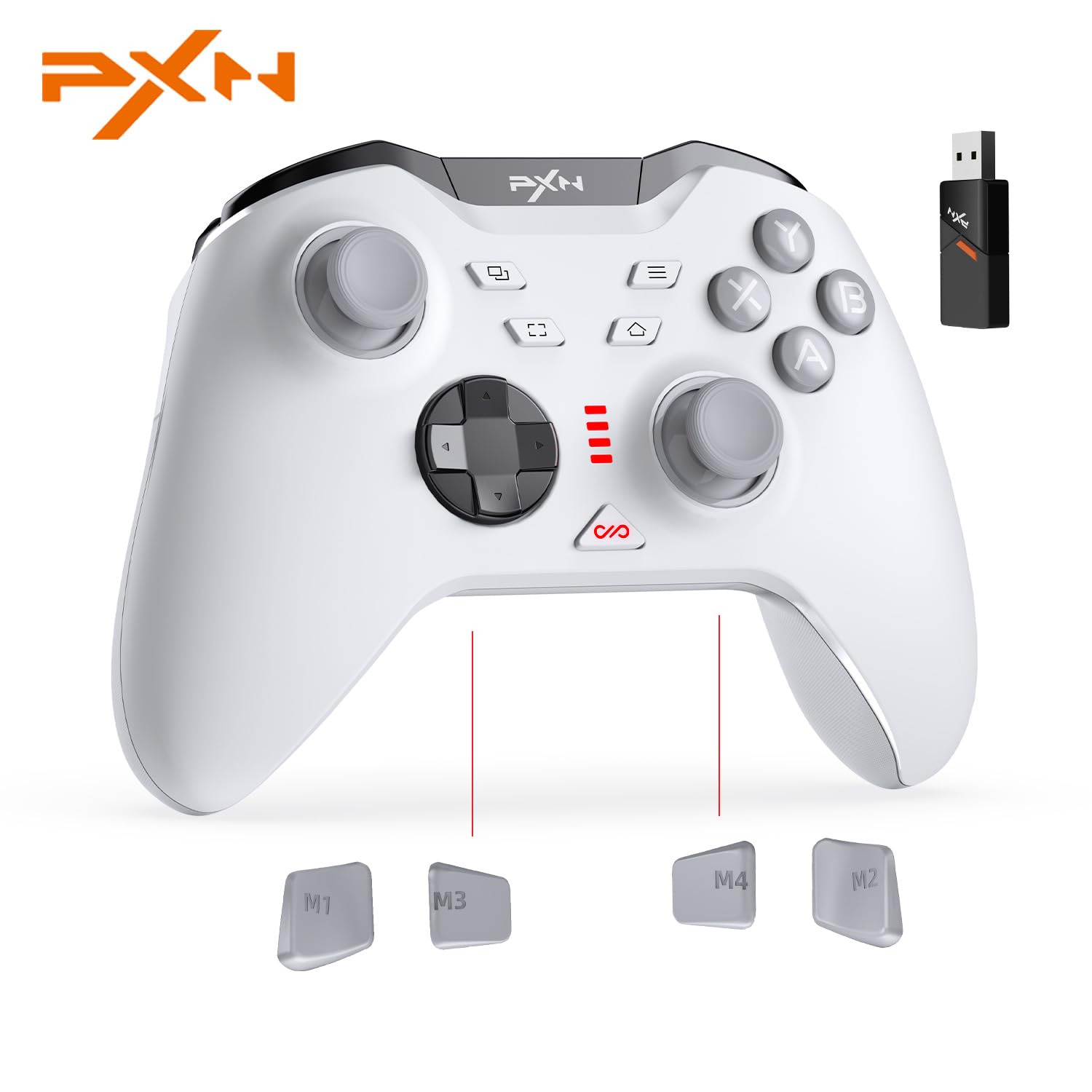 PXN P5 PC Gaming Controller, 2.4G Wireless Gaming Controller, Hall Effect Joystick, Hall Triggers, Dual Vibrators, APP, POM, Wake-up, 4-Macro, 3-Mode(2.4G/BT/SW), for PC,Switch,Android,iOS - White