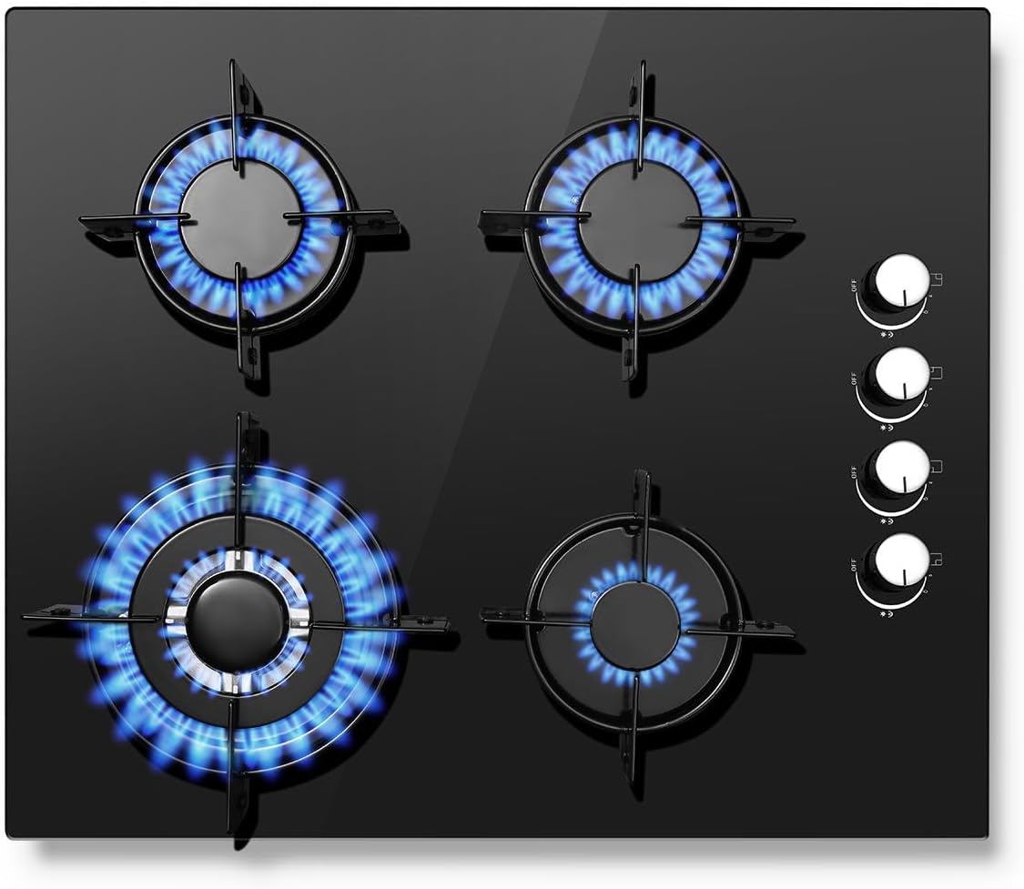 SNDOAS Gas Hob 4 Burners, NG/LPG Convertible, Built-in Black Glass Gas Hob with Wok Burner, Flame Failure Protection, 8000W