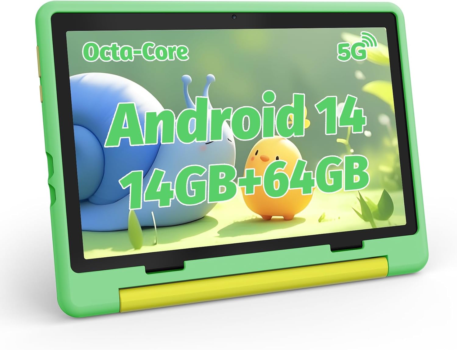 Hakaug 10 Inch Kids Android 14 Tablet with Protective Case - Octa-Core Processor, 14GB RAM, 64GB ROM + 1TB Expandable, 5MP+8MP, 5000mAh, Parental Control, 5G WiFi, BT 5.3, Green