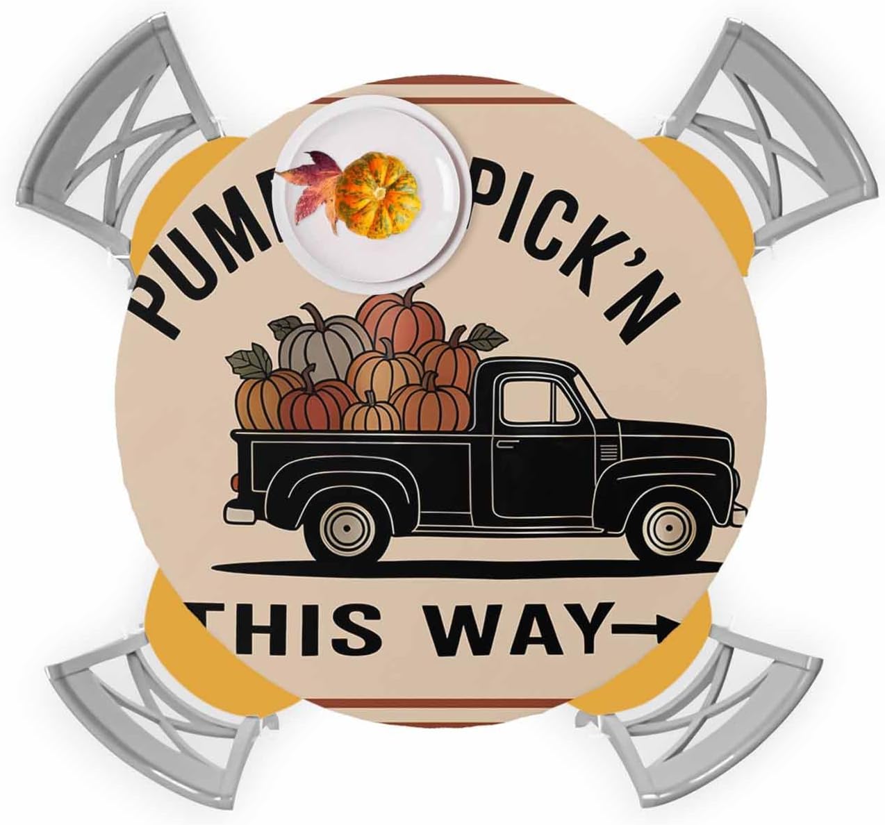 Fitted Tablecloths for 55"-60" Round Tables,Pumpkin Pick'n This Way Words Elastic Edged Table Cover,Pumpkins on Black Truck Waterproof Table Cloths for Picnic Camping Indoor Outdoor Party