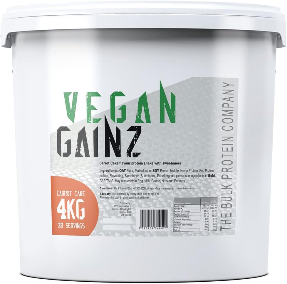 Vegan Gainz 4kg - Plant Based Protein Powder - Weight Gainer- 32 Servings & 30g Protein Per Serving - The Bulk Protein Company (Carrot Cake)