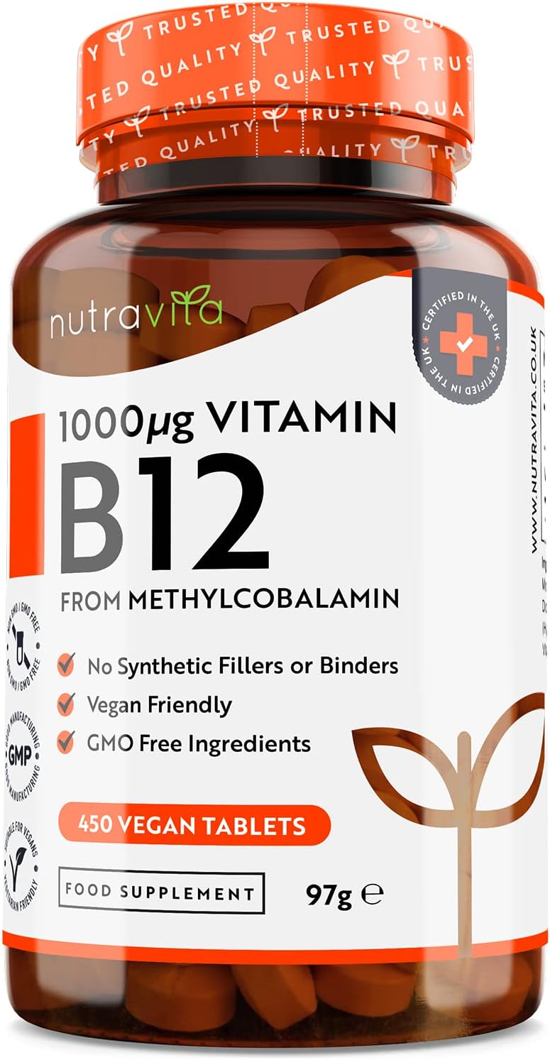 Vitamin B12 1000mcg - 450 High Strength Vegan Tablets - Max Strength B12 Supplement - Contributes to The Reduction of Tiredness and Fatigue - Made in The UK by Nutravita