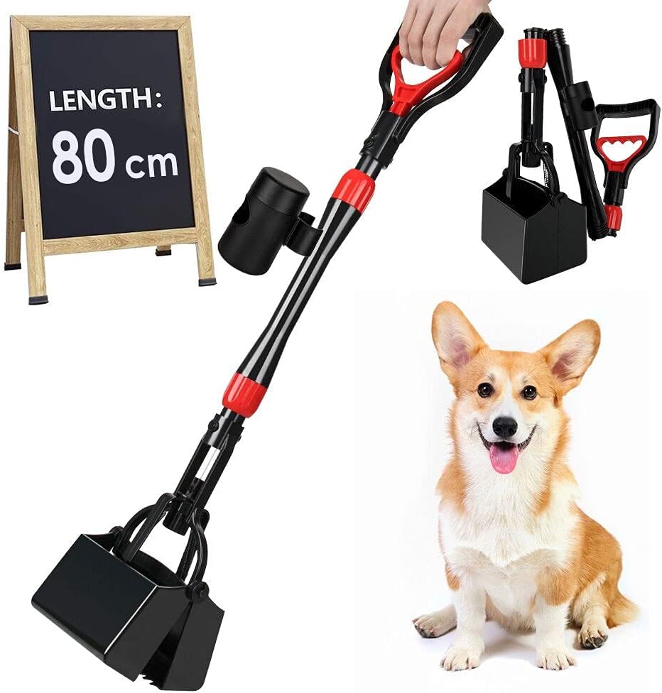 Dog Pooper Scooper, 80cm Long Handle Foldable Poop Scooper with Bag Dispenser, Flat Bottom Portable Duty Poo Waste Pick Up Rake with High Durable Spring for Pet Cat Outdoor Yard Grass Gravel