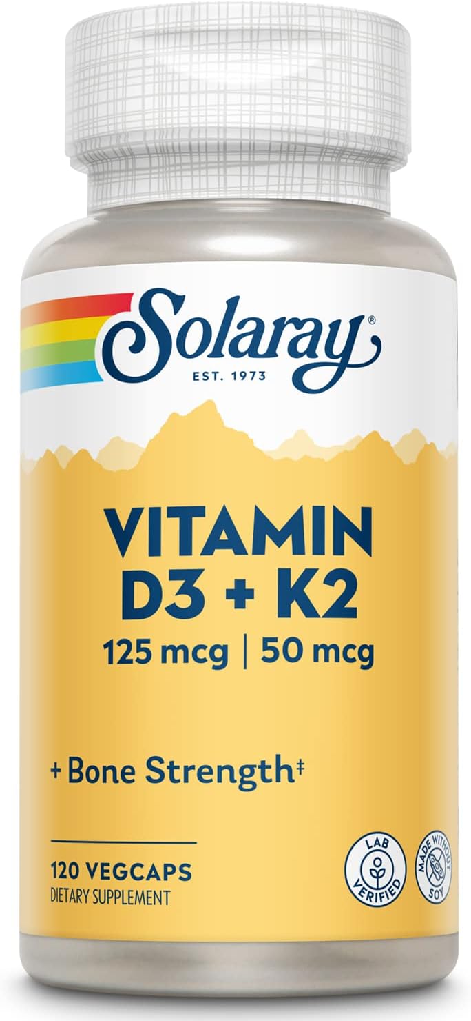 SOLARAY Vitamin D3 K2 - Bone Health and Immune Support Supplement - With 5000 IU Vitamin D as Vit D3 and 50 mcg Vitamin K2 as Menoquinone MK7, Made Without Soy, 60-Day Guarantee, 120 Serv, 120 VegCaps