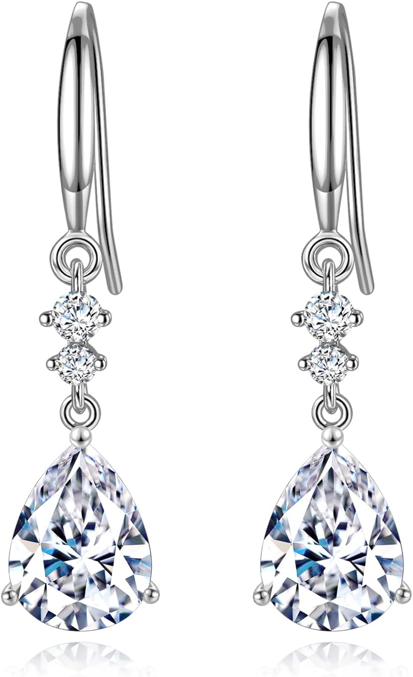 Sterling Silver Dangle Earrings for Women, Hypoallergenic Cubic Zirconia Teardrop Dangle Drop CZ Earring Jewellery Gifts for Girls, Silver/Gold