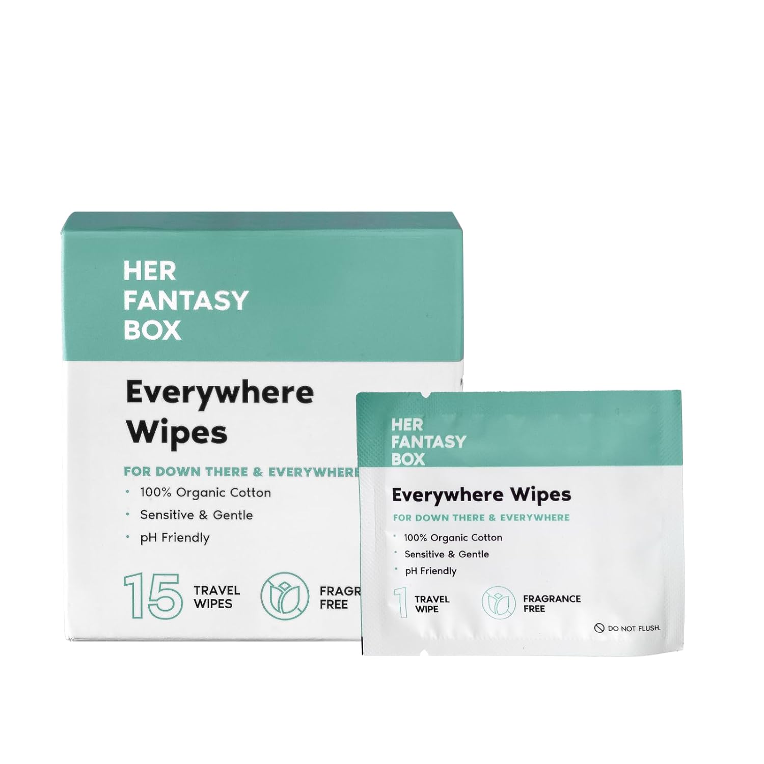 Her Fantasy Box | Everywhere Wipes – 100% Organic Cotton, Gentle & Refreshing, pH-Balanced, Fragrance-Free, Plant-Powered for Body, Face & Intimate Areas, Ideal for Sensitive Skin - 1 Pack, 15 Wipes