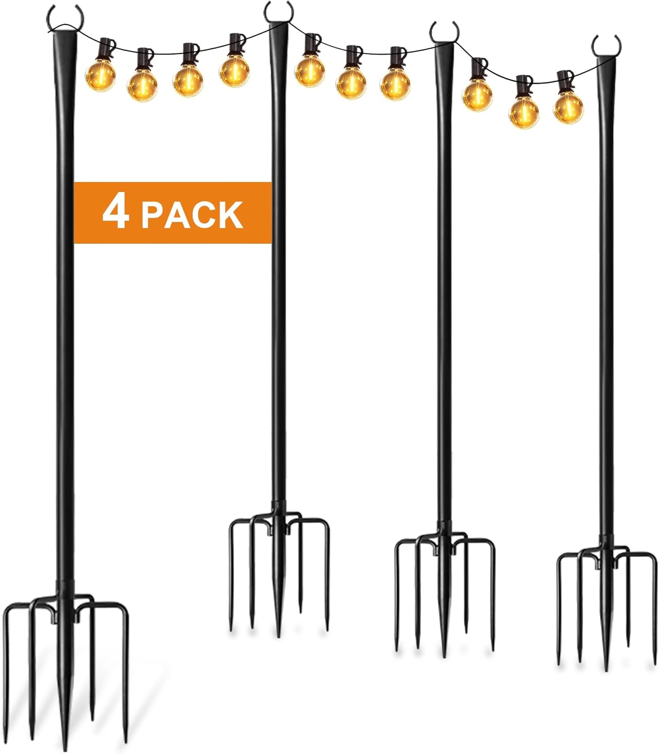 4 Pack 10Ft String Light Poles for Outside, Thickened Metal Lights Hanger Pole Outdoor with Fork, Lighting Hanging Post Accessories for Patio Decor Garden Backyard Yard Front Porch Outside Decorations